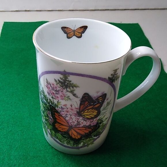 1995 OTA Girl Butterfly Garden Monarch Paul Sweany Gold color trim Floral Mug - Picture 1 of 5